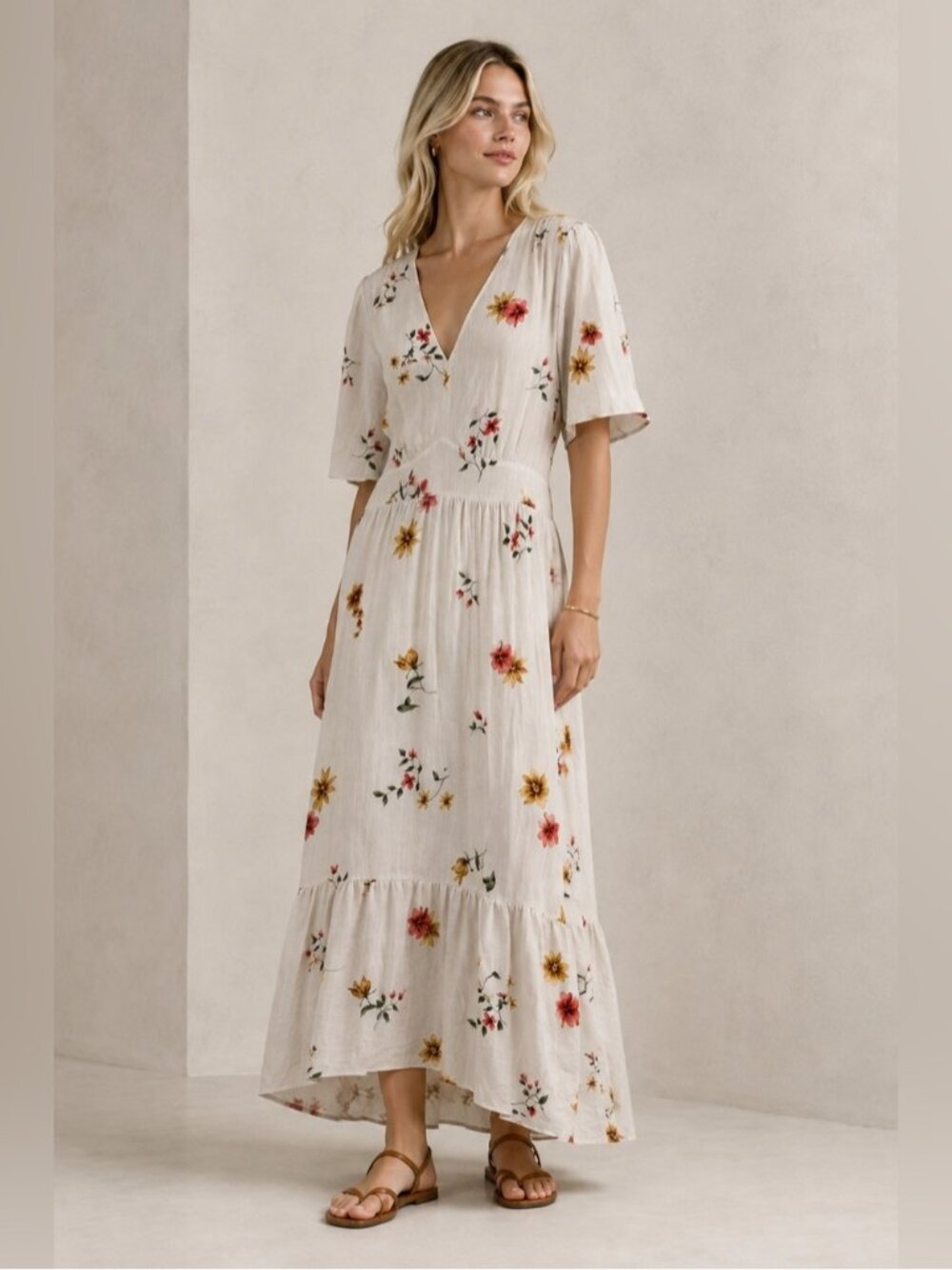 Reitmans Beige Floral Maxi Dress Cottagecore Boho Romantic Size XL open back